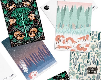 Pack of 8 Papio Press Woodland Foxes & Log Cabin Postcards