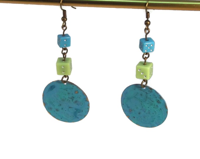 Hand Painted Aqua Blue & Green Dragon Scales with Dice Shoulder Duster Earrings, Nickle Free Ear Wires, Hypo Allergenic