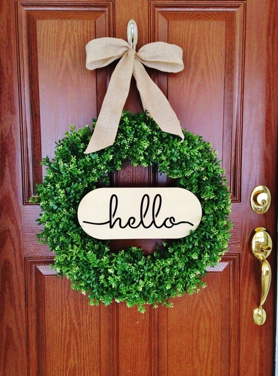 Boxwood Wreath with Hello Sign