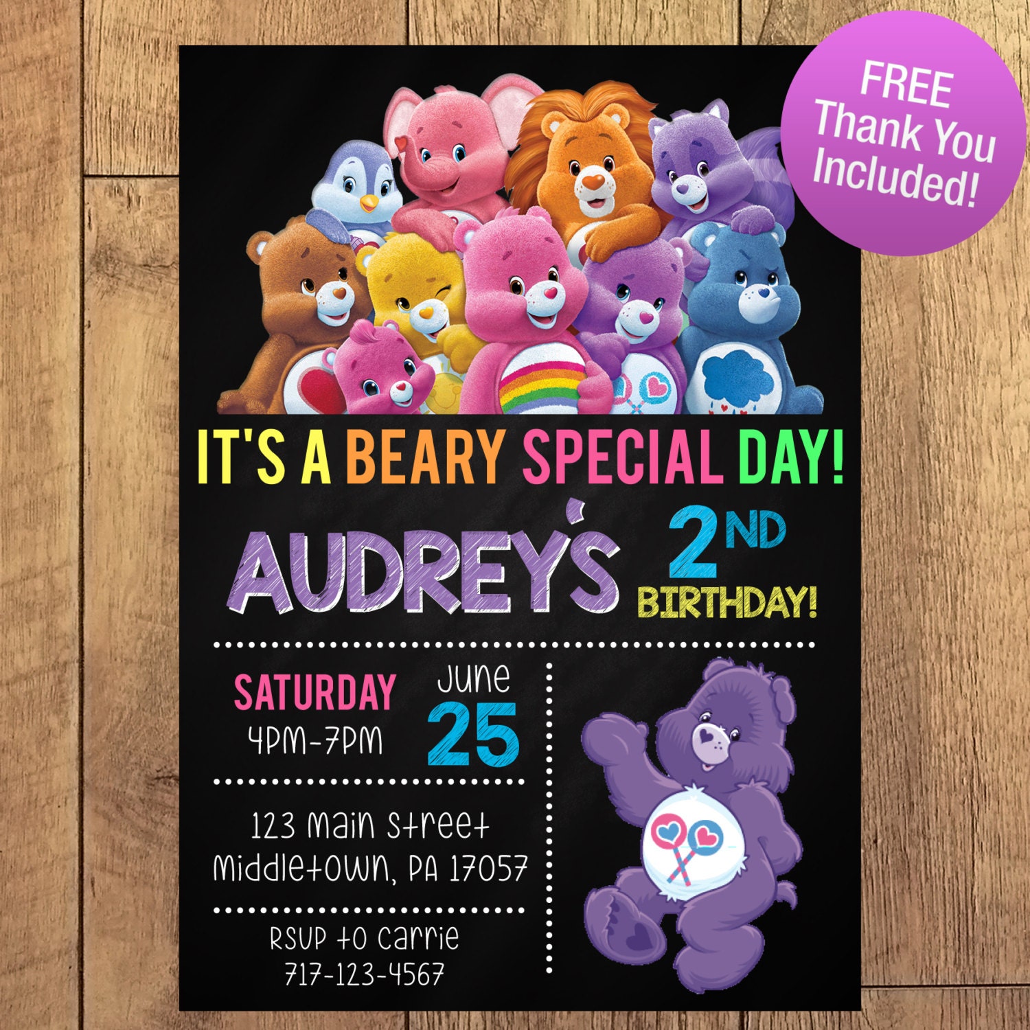 Care Bear Birthday Party Invitation FREE THANK YOU Included