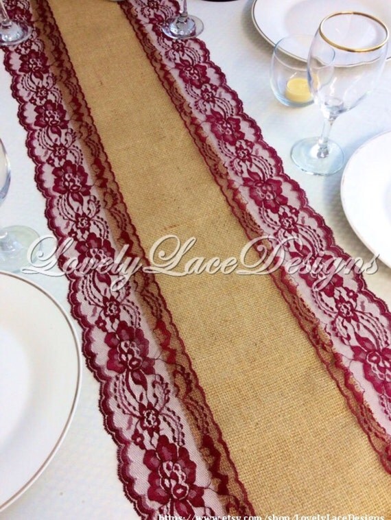 Burlap Lace Table Runner/Fall Centerpiece/Burgundy