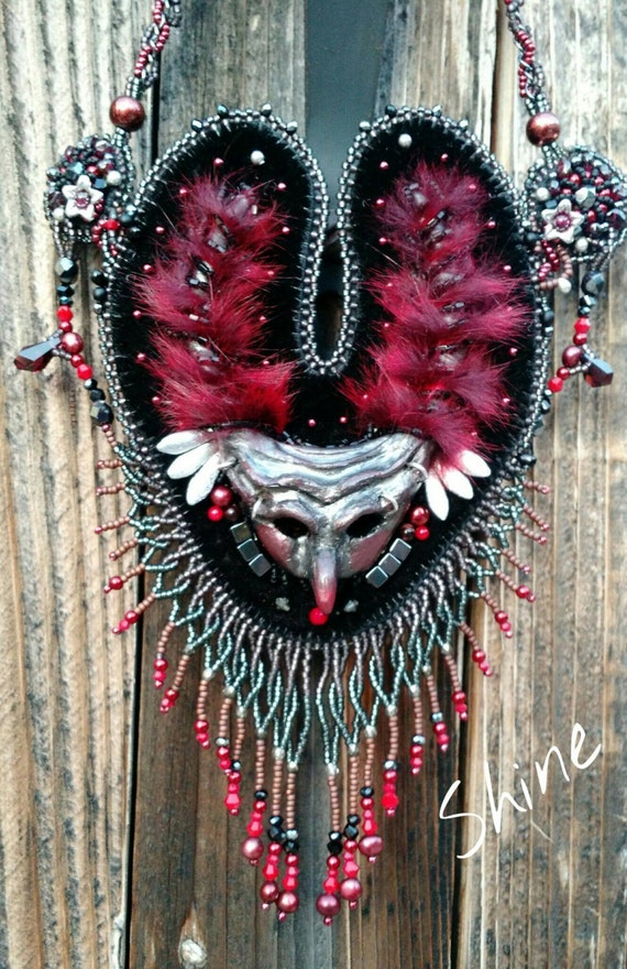 Masquerade Goblin mask bead embroidery necklace by OfYourLove