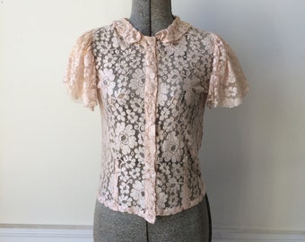 1920s 1930s Delicate Net Lace Blouse Flutter Petal Pink Gathered Cap Sleeves Size Small