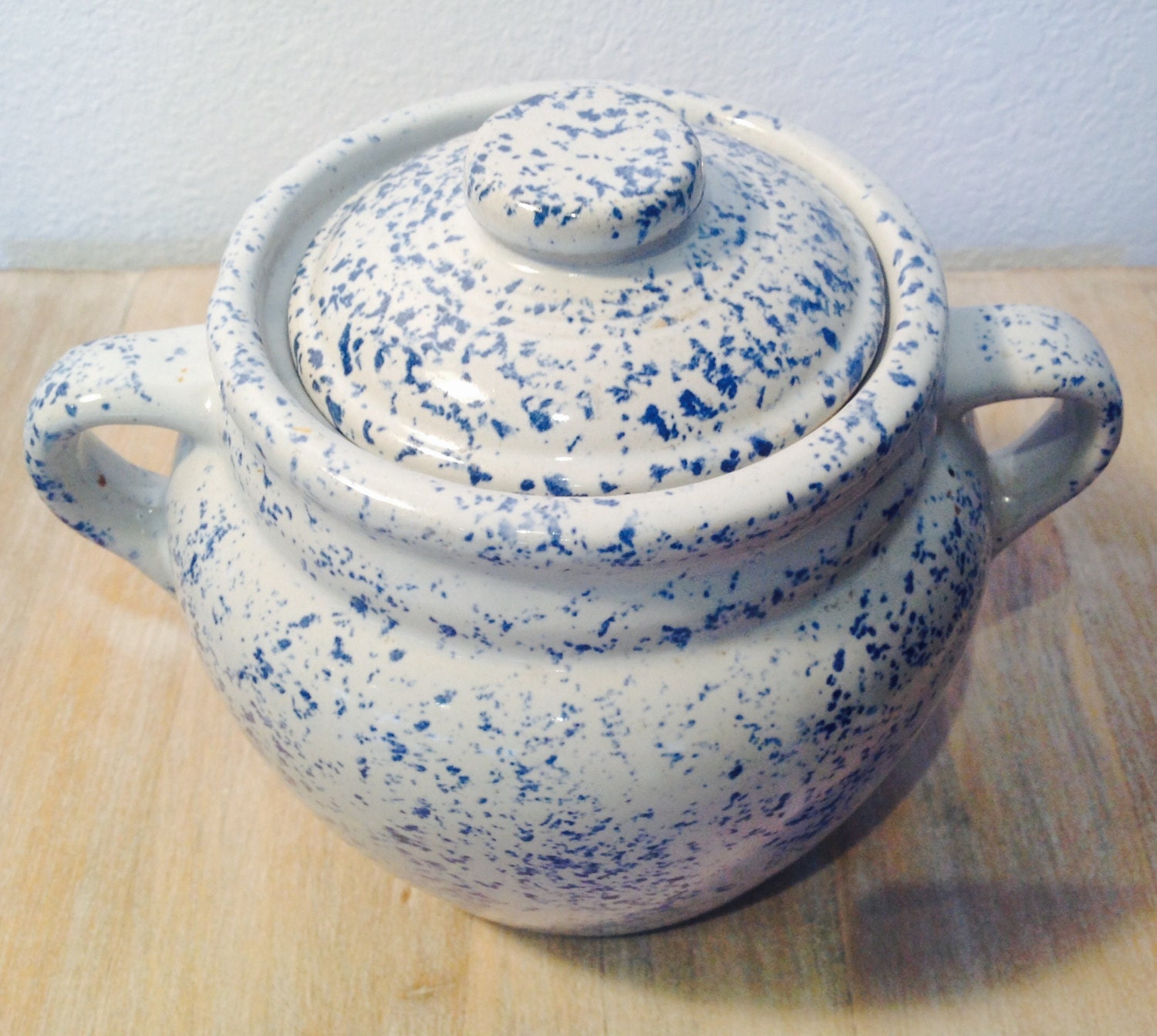 Vintage blue Spongeware on stoneware kitchen cooking bean