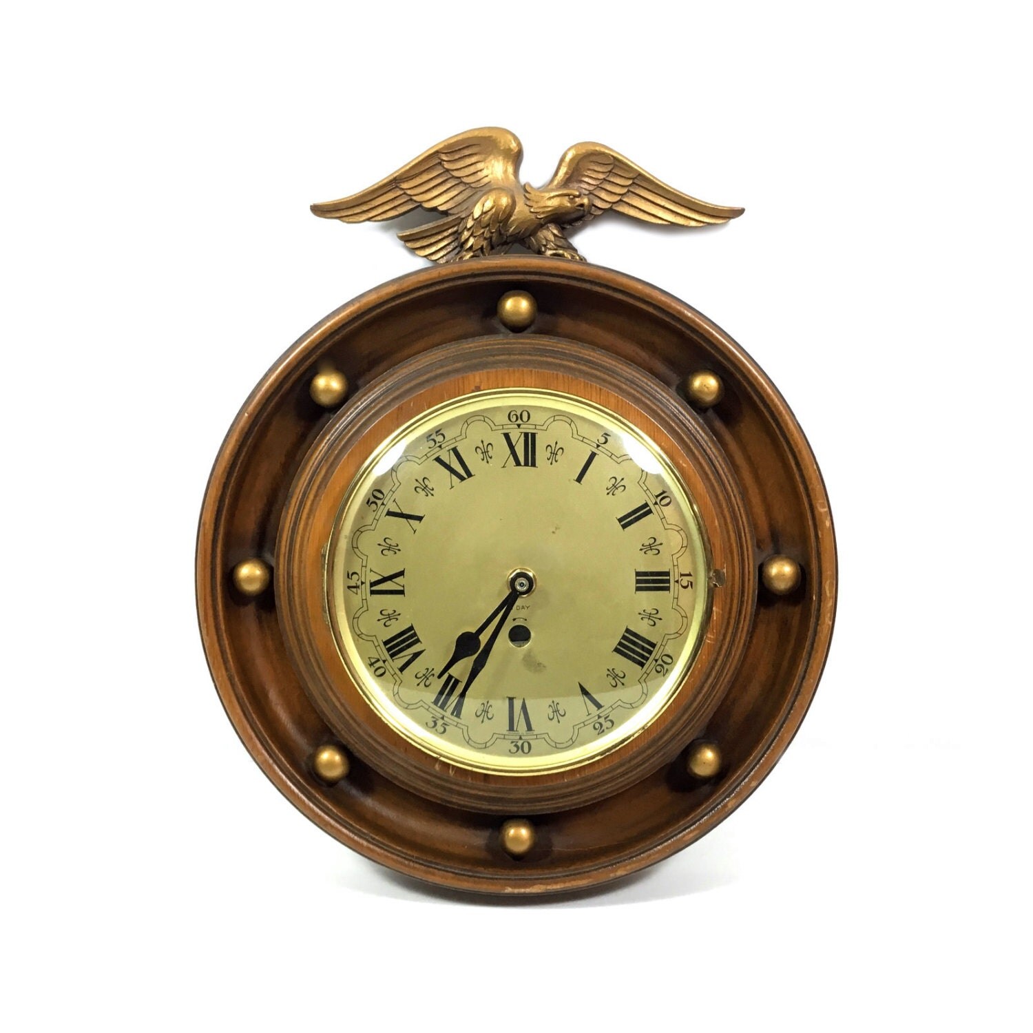 Vintage Wooden Wall Clock with Federal Eagle Motif and Convex