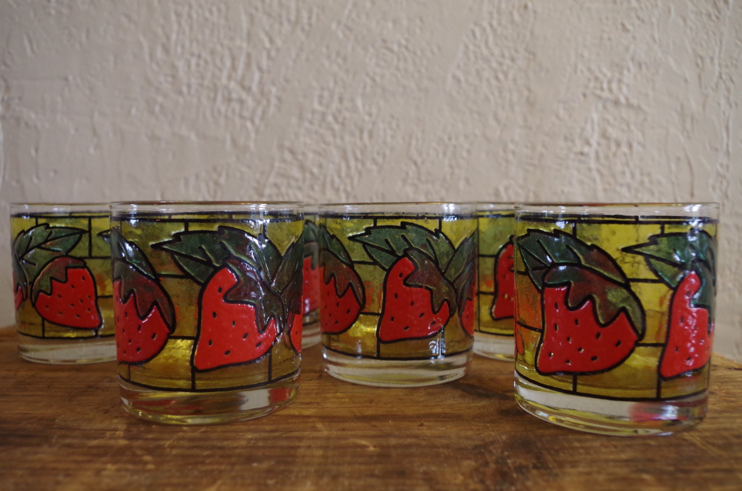 Vintage Strawberry Stained Glass Drinking Glasses Set of 6
