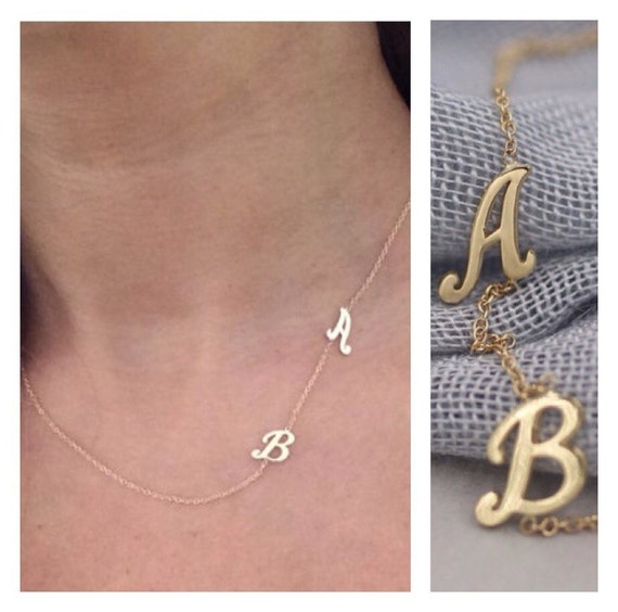 14k solid gold double initial necklace name necklace message
