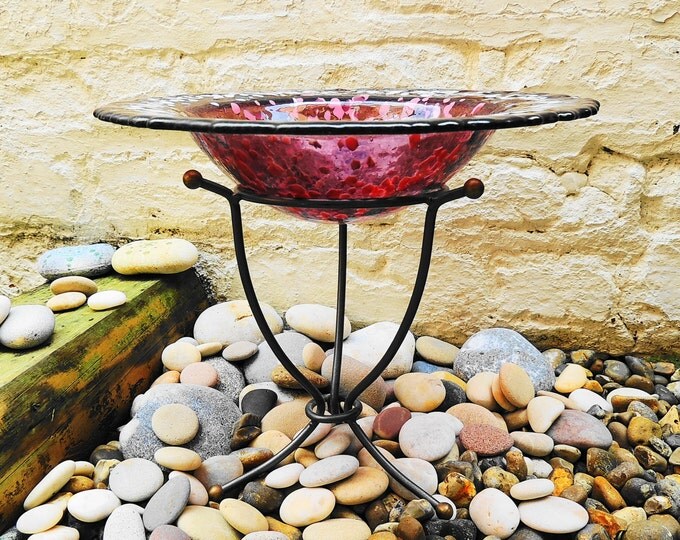 Round pink fused glass bird bath, floating candle holder on wrought iron stand, fruit dish. Decorative dish. Ornamental bowl. Wedding gift