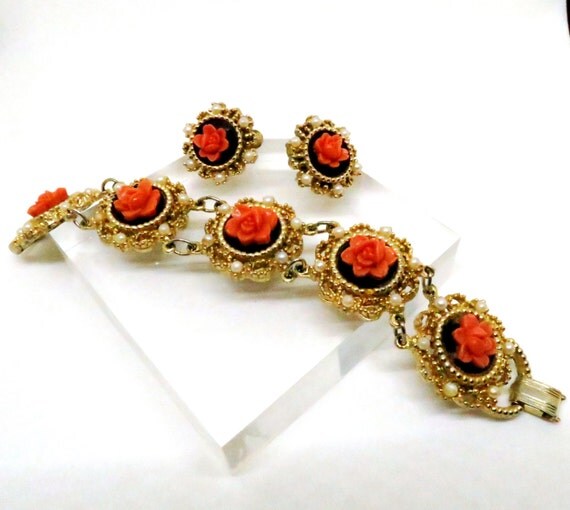 Orange Bracelet and Earrings Set Vintage Black Eanamel