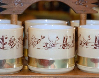 Vintage Siesta Ware Mugs in Wooden Carrier