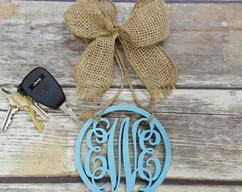 Car Charm - Car Monogram - Rear View Mirror Monogram - 4.5" Painted Monogram with Burlap Bow - Circle Border
