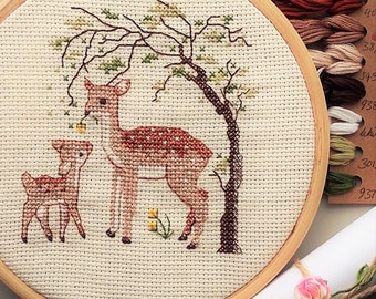 Cross stitch kit - deer, embroidery kit, DIY kits, mother and daughter, cross stitch kit baby, wild fawn, deer print, cross stitch patterns