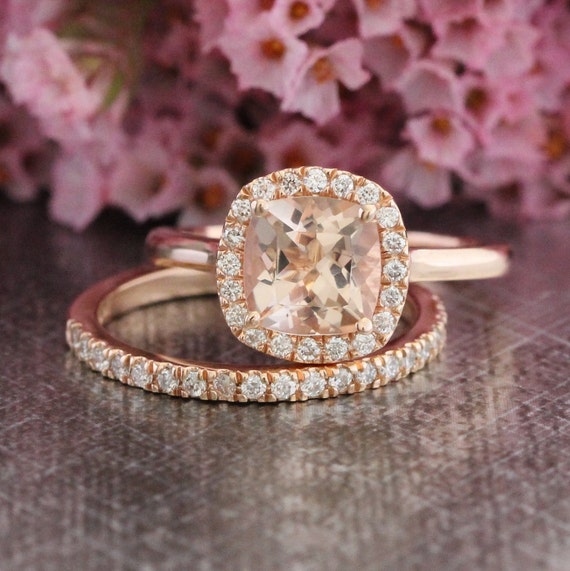Morganite Engagement Ring and Diamond Wedding Band Bridal Set in 14k Rose Gold 7x7mm Cushion Pink Peach Morganite Gemstone Ring Set