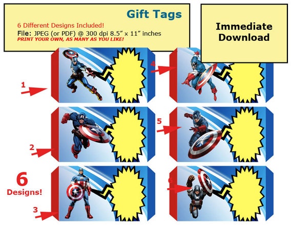 Items similar to Captain America Gift Tags Marvel Avengers Superhero ...