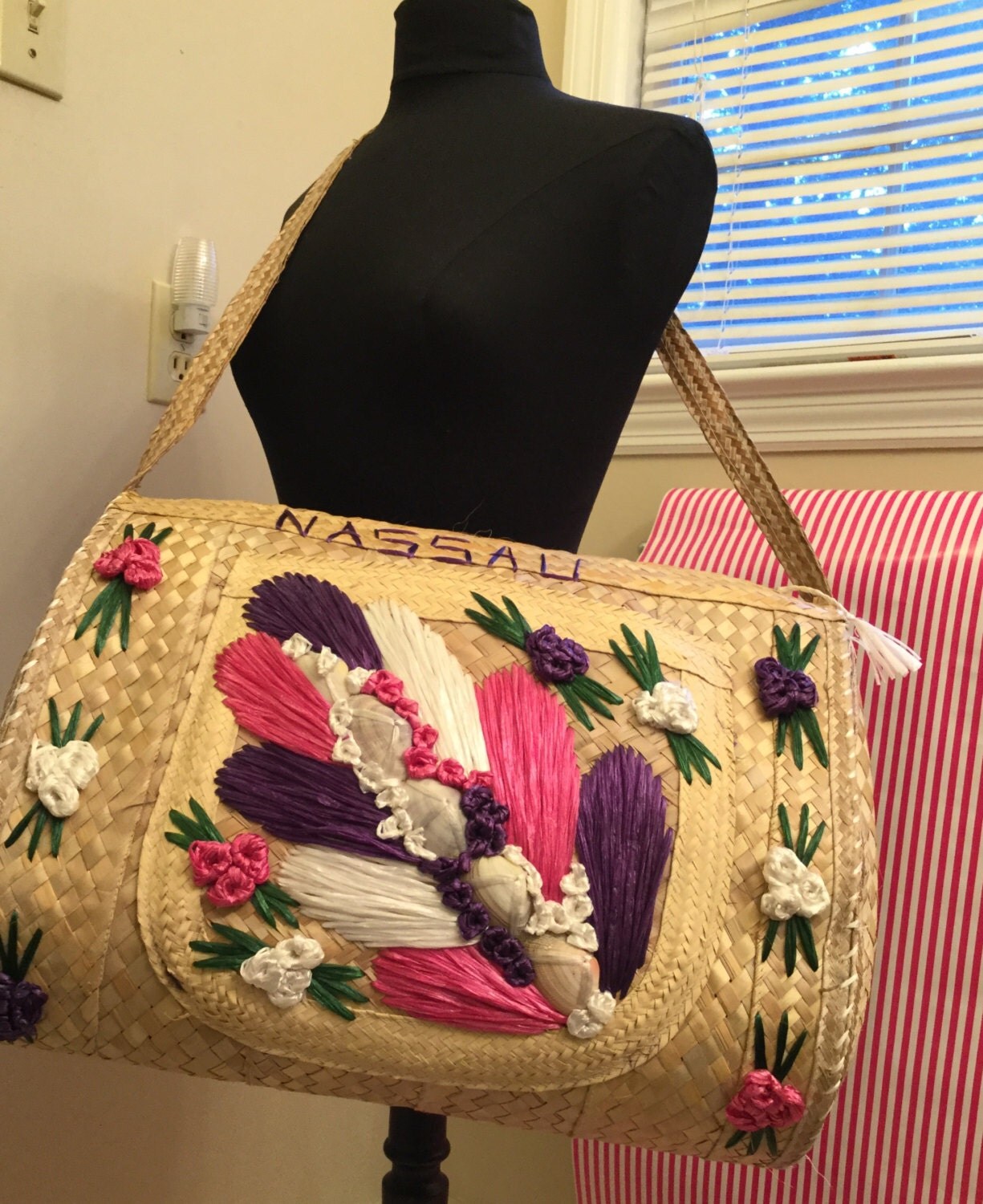 Nassau Bahamas Woven Straw Large tote Beach Bag by CandCvintage