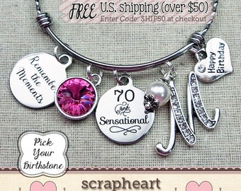 70th BIRTHDAY Gift, Milestone Birthday Gifts for Her, Best Friend Bracelet, Remember the Moments Bangle Bracelet, 70 and Sensational Gift