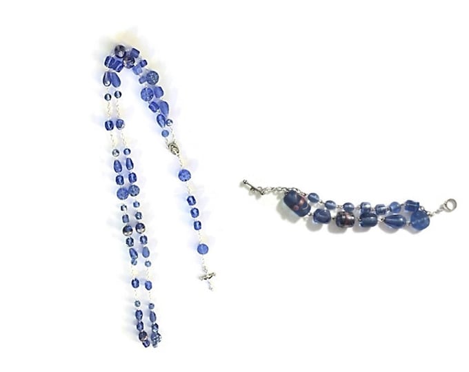 Blue Rosary Gift Set - Blue Glass Bead - Prayer Bracelet and Rosary - Confirmation Gift - Miraculous Medal Rosary - Religious Gift Set