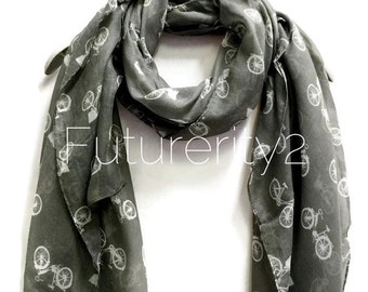 Vintage Bicycle Grey Scarf / Spring Summer Scarf / Women Scarves / Gifts For Her / Accessories / Handmade
