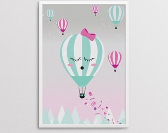 Children's Print Hot Air Balloon, Kids Poster Contemporary Illustration, Nursery Modern Wall Art, Kids Illustration for Playroom or Bedroom