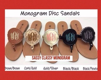 Monogrammed Disc Sandals, flip Flop Disc Sandals, Leather monogram sandals, Cork Flip Flop Sandals, Custom Embroidered Sandals Monogram