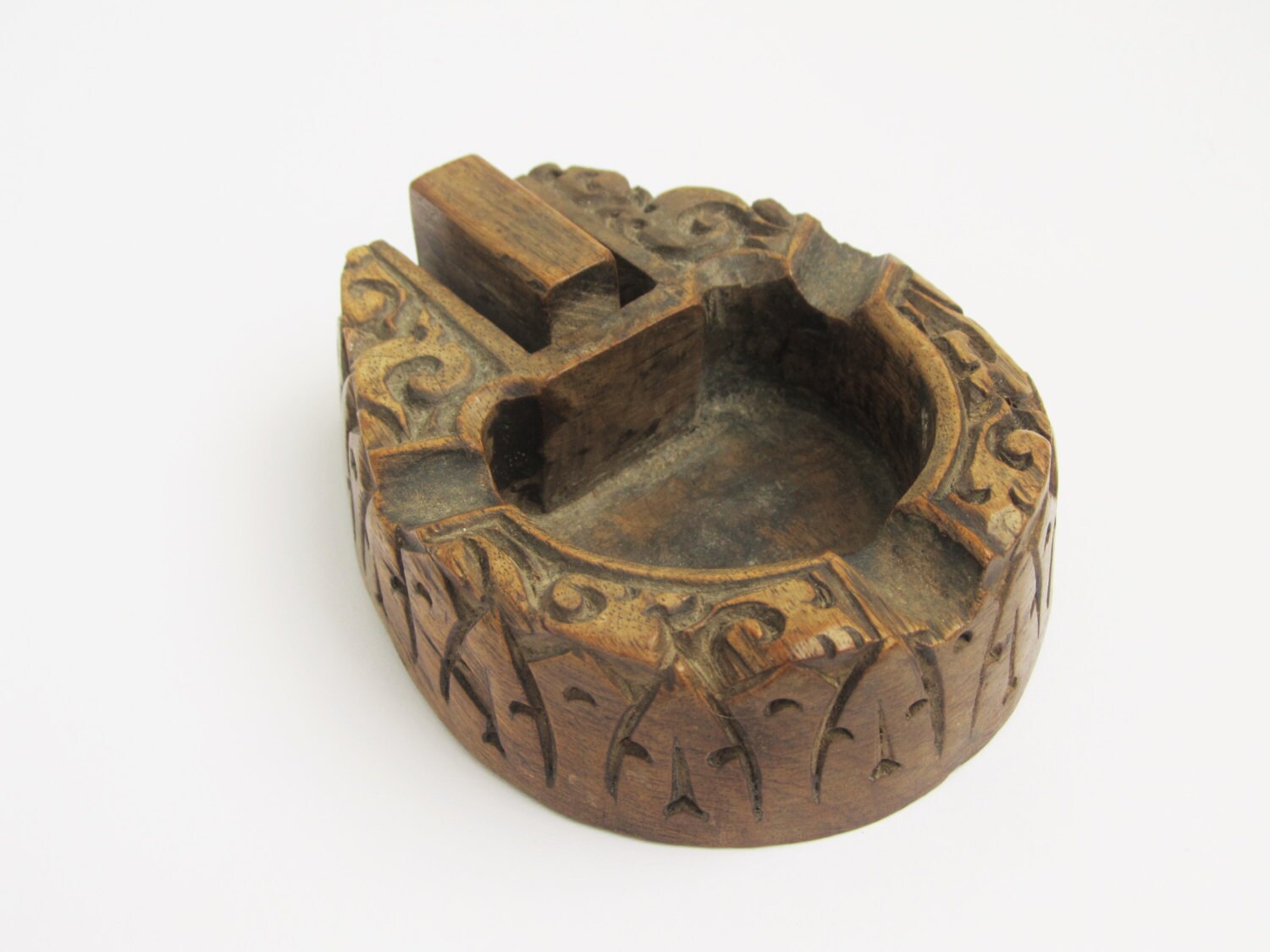 Carved wooden ashtray antique folk art novelty ashtray