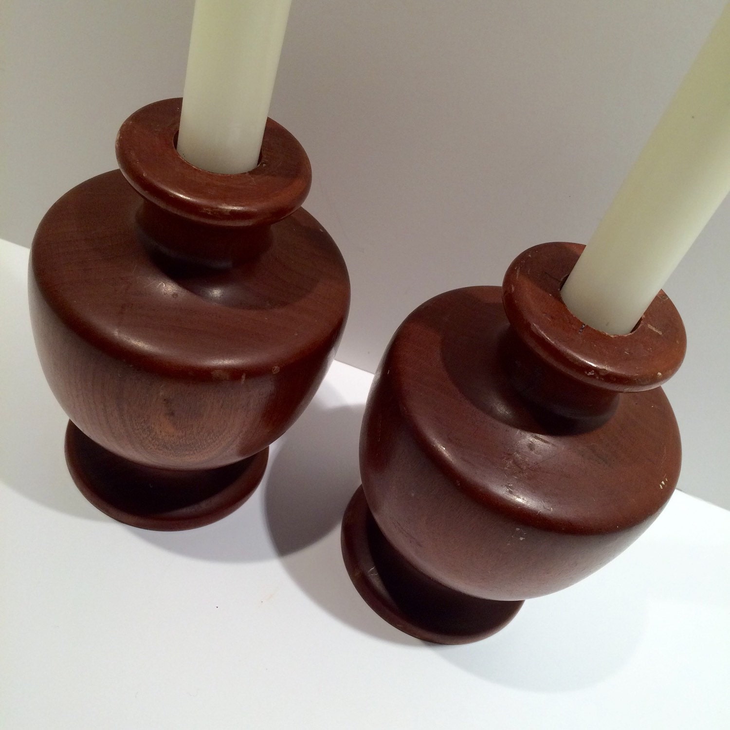 Mid Century Solid Wood Stickley Candle Holders. Pair of Urn