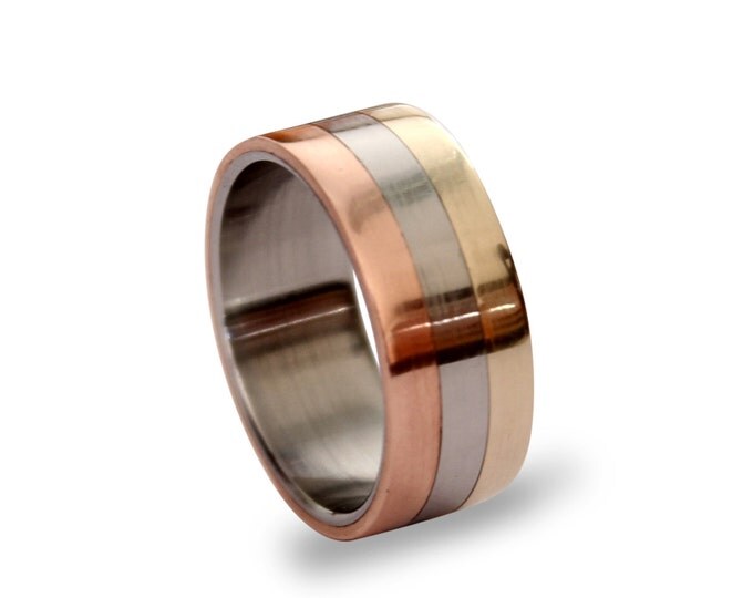 Titanium men ring with bronze and copper inlay