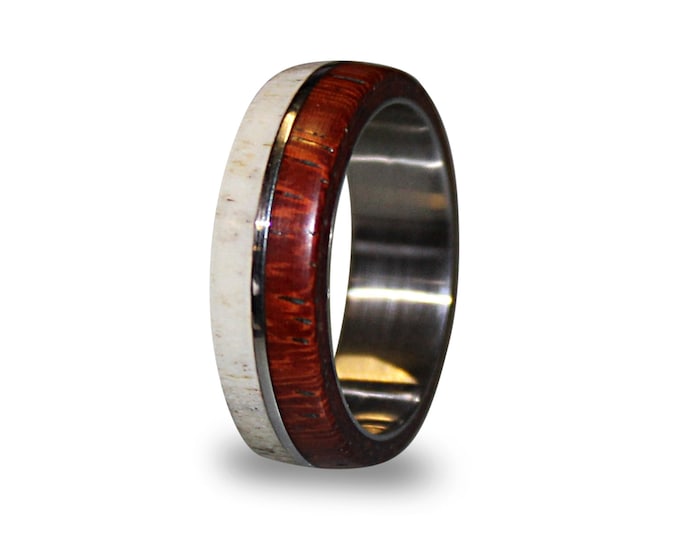 Titanium Ring, Mens Titanium Wedding Band, Antler Ring and Wood Ring on Titanium
