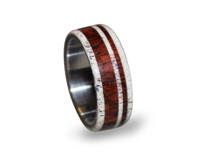 Titanium Ring With Cocobolo Wood and Deer Antler Inlay, Wood Ring, Antler Ring, Titanium Wedding Band, Mens Band