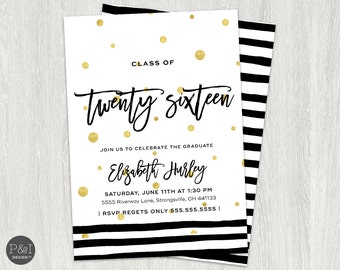 Black, White and Gold Graduation Invitation | DIY | Customized Printable (5x7)