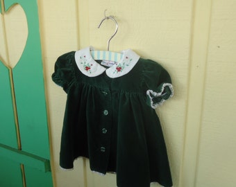 3-6 Mo Baby Girls Dark Green Velvet, with White Collar with Red Berries