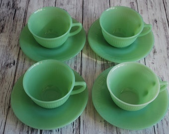 Fire King Jadeite Jadite Jane Ray Cups and Saucers, Eight Pieces, Marked