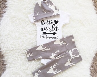 Hello World Newborn Outfit, Going Home Outfit, Hello World, Newborn Set, Personalized Bodysuit, Going Home Outfit Baby Boy,