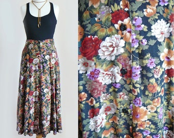 90's Long Maxi Floral Print Front Button High Waisted Skirt / Feminine Grunge Festival / Small Medium