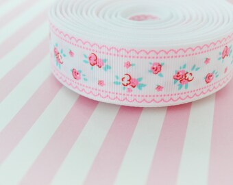 5 yds White Grosgrain Ribbon With Pink Flowers