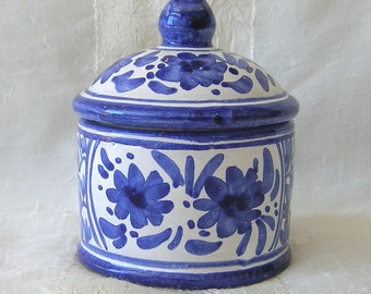 SALE! Blue and White Lidded Pot, Hand Painted, Floral, Ceramic, Signed