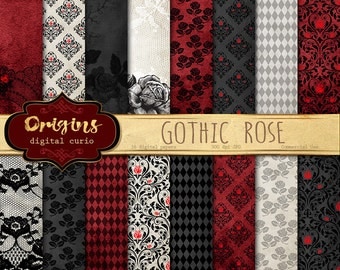 Gothic Rose digital paper, rose lace, black and red damask halloween scrapbook paper, lace digital paper, goth backgrounds instant download