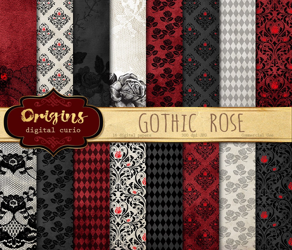 Download Gothic Rose digital paper rose lace black and red damask