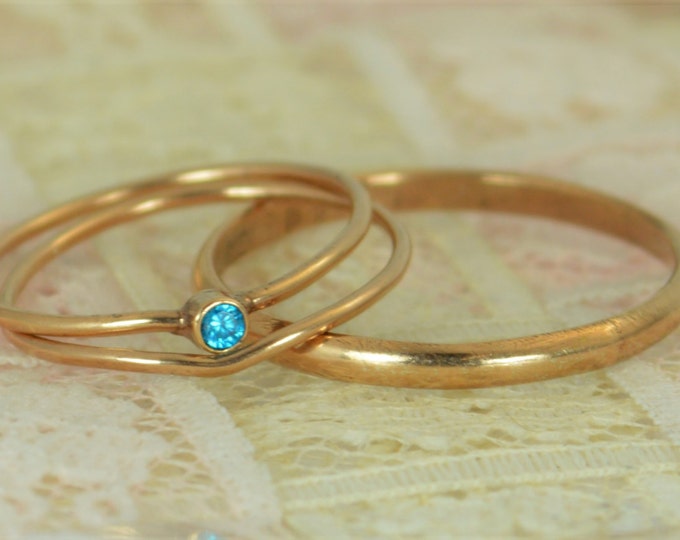 Tiny Blue Topaz Ring Set, Solid 14k Rose Gold Wedding Set, Stacking Ring, Solid 14k Gold Ring, December Birthstone, Bridal Set, Blue Topaz