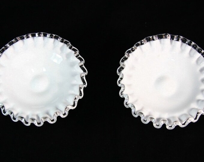 Storewide 25% Off SALE Vintage Fenton Silver Crested White Milk Glass Candle Holder Set Featuring Clear Ruffled Design