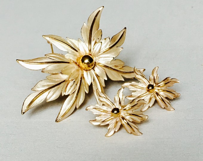 Storewide 25% Off SALE Vintage Gold Tone Large Floral Designer Brooch And Matching Earrings Featuring Enamel Overlay Finish