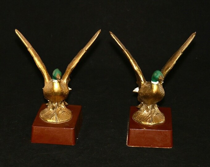 Storewide 25% Off SALE Vintage Stately Cast Brass Philadelphia Company Flying Green Headed Mallard Bookend Set Featuring Wooden Pedestal Bas