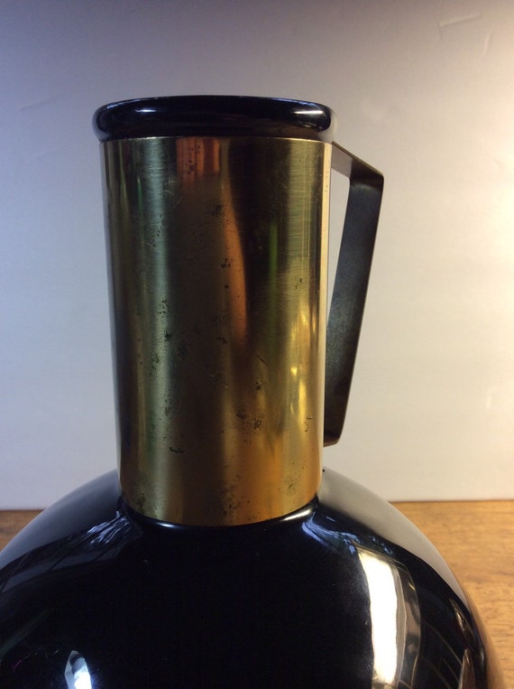 Mid Century Black Ceramic Pitcher Or Decanter With Brass