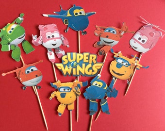 Super Wings cupcake toppers, airplane toppers, helicopter cake topper, Super Wings party, Super Wings Birthday, Jett, Donnie, Dizzy, Mira