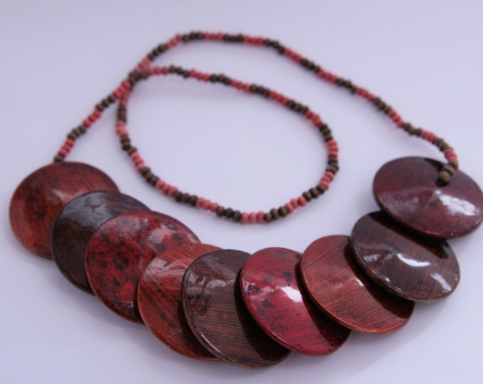 Autumn Boho Necklace Red Orange Brown Wood Wooden Bib Necklace Large Flat Buttons Lacquered Bohemian Necklace