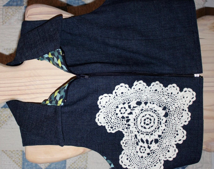 HALF PRICE ** Denim and Lace Zip Front Vest. Tween Preteen size X-Large Fully Lined. Vintage Lace Hearts Accent Front and Back