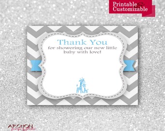 Giraffe Baby Shower Thank You Card - Chevron with Blue and Grey Accents - Printable & Personalized - A-00016