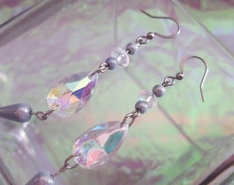 SALE earrings with pale blue and clear beads iridescent.