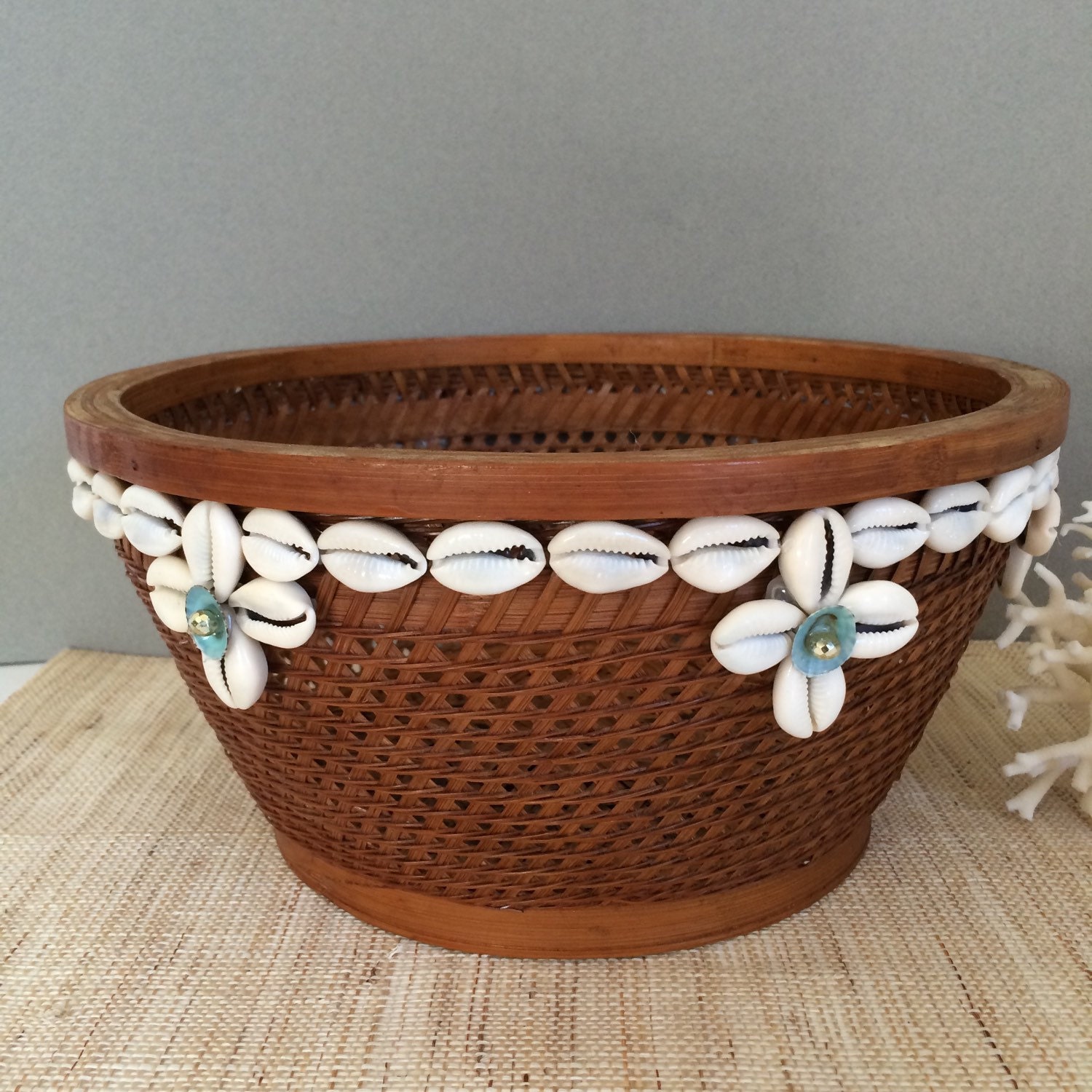 Vintage seashell basket cowrie shell basket turquoise