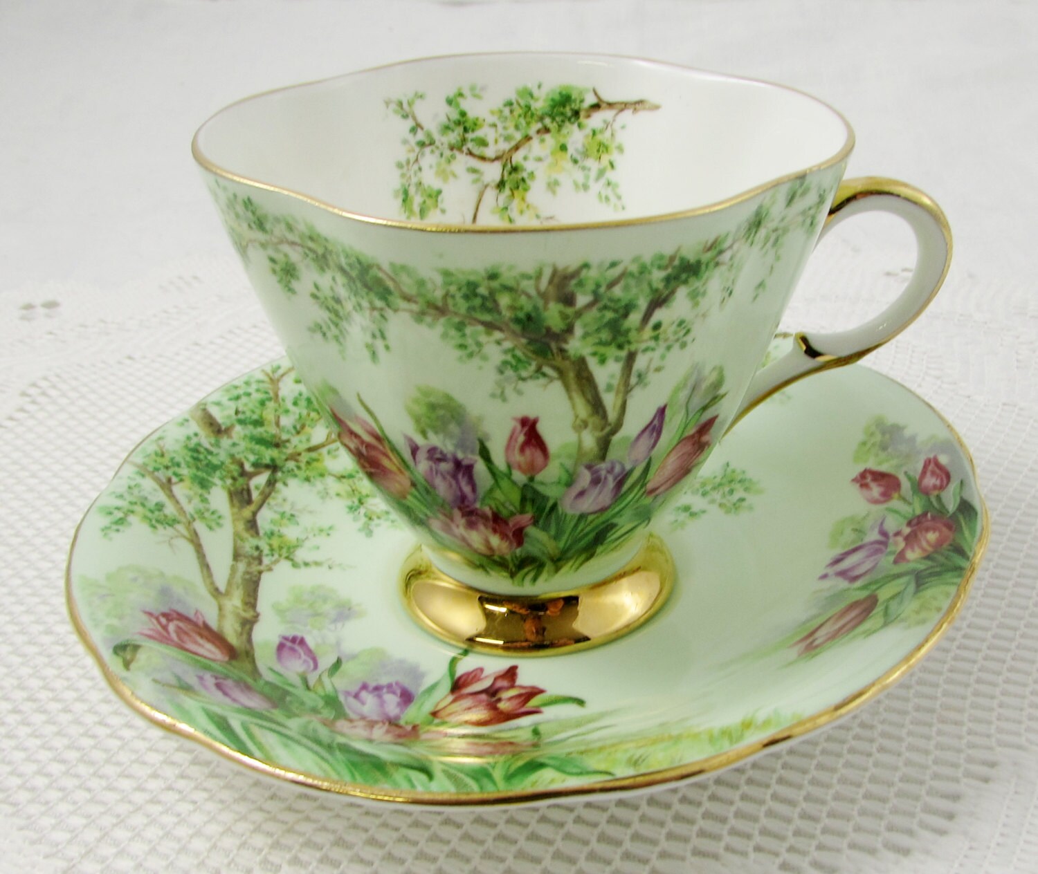 Windsor Green Tea Cup and Saucer with Trees and Tulips Square